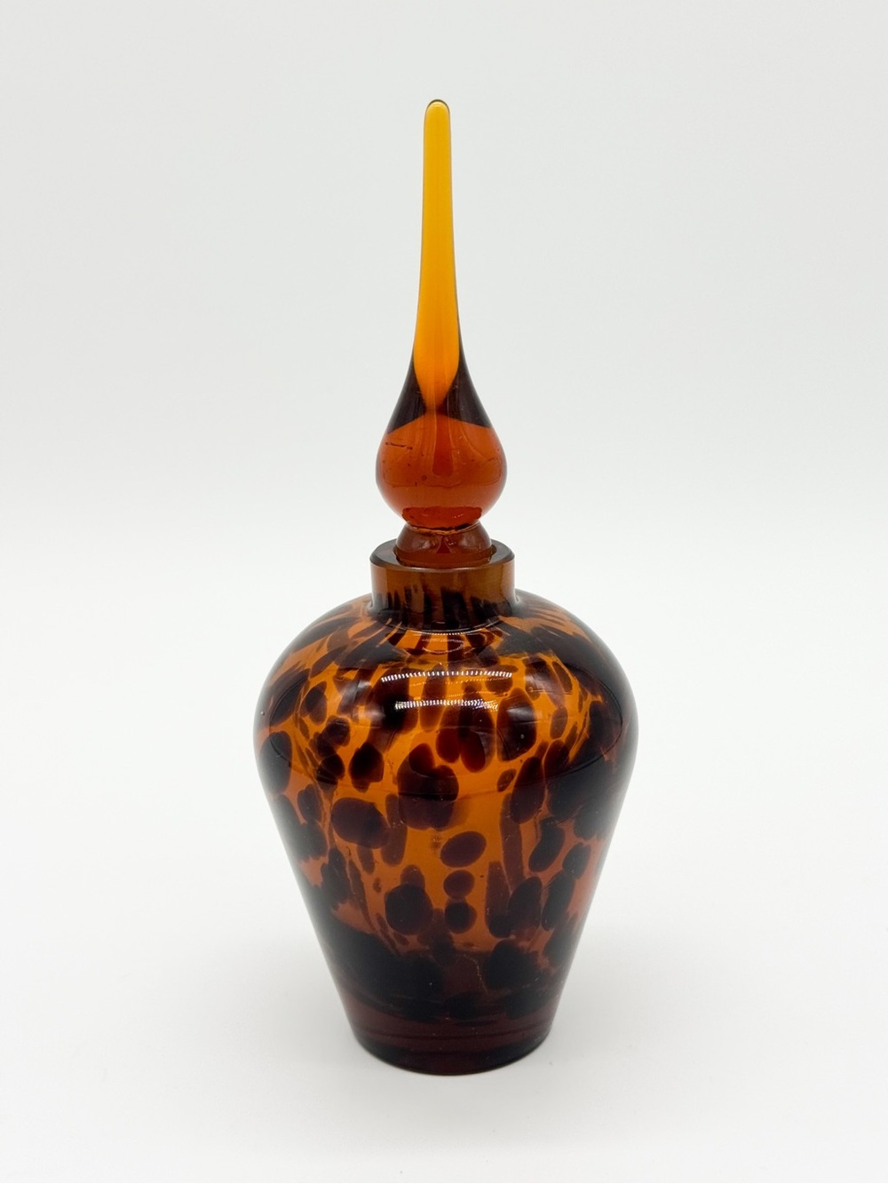Vintage Amber Glass Art Tortoise Shell Murano Style Perfume Bottle w Stopper 6”